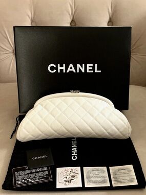 Chanel CC Timeless Half Moon Diamond Quilted Caviar Leather Clutch - White - EUC